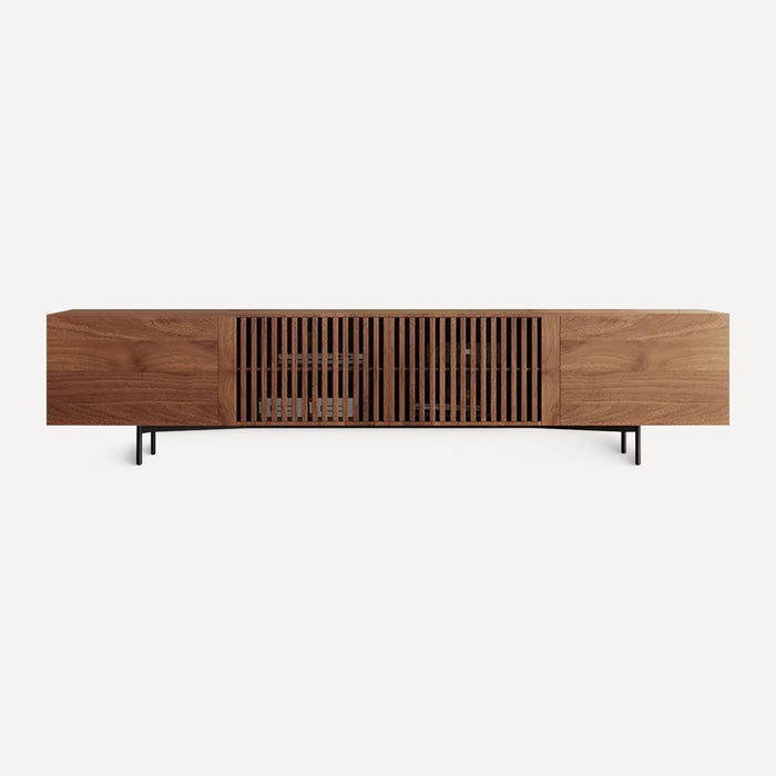 Dark Wood Louvered Door TV Console, front view