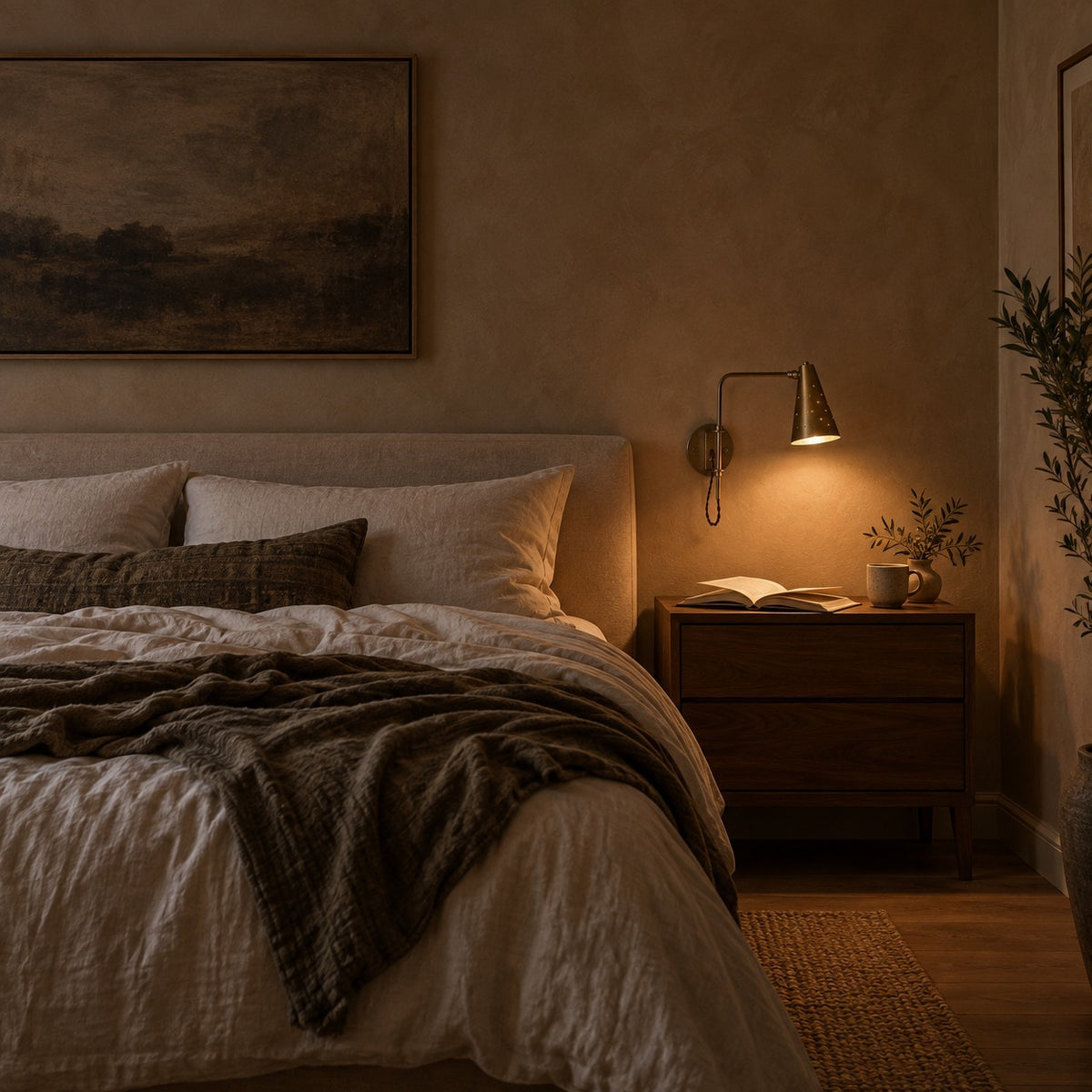 One-Light Brass Wall Sconce – Mid-Century Modern in a room