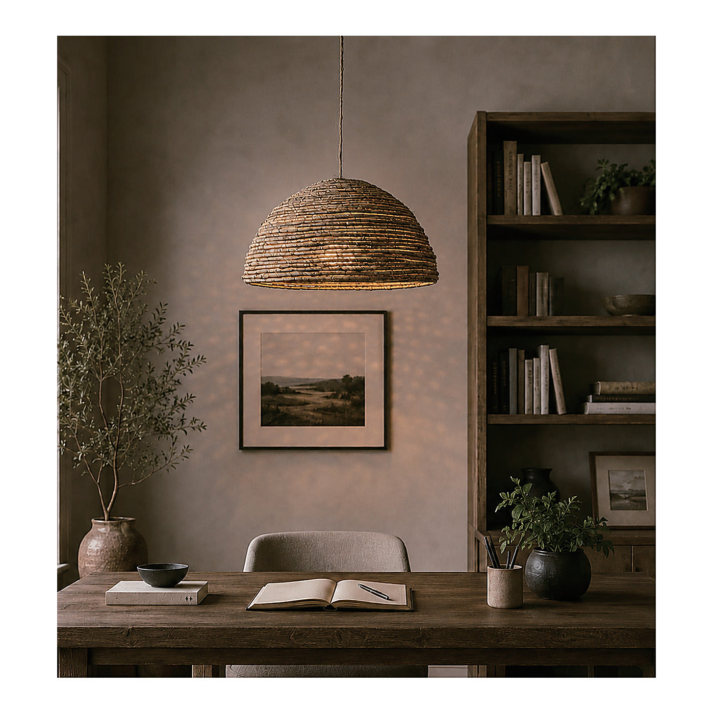 Rope-Coil Straw Dome Pendant Shade, second view