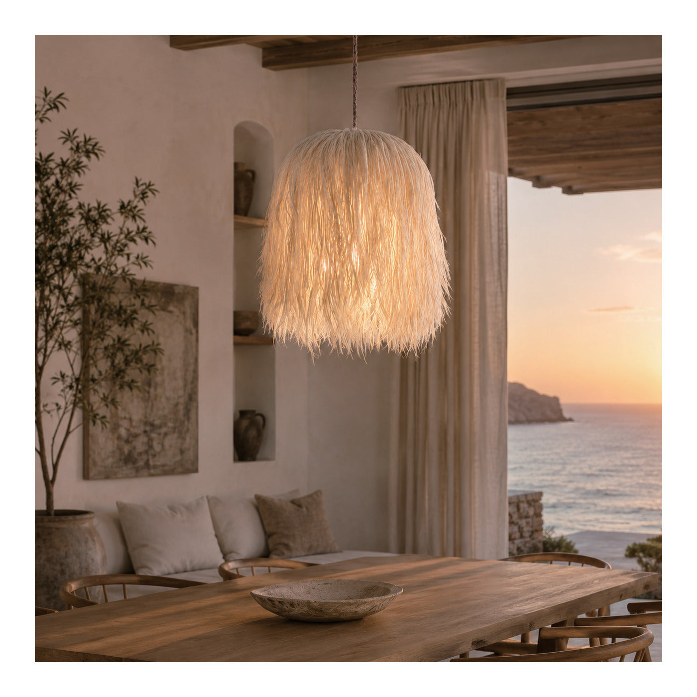 Ivory Hemp Fringe Pendant Shade, second view