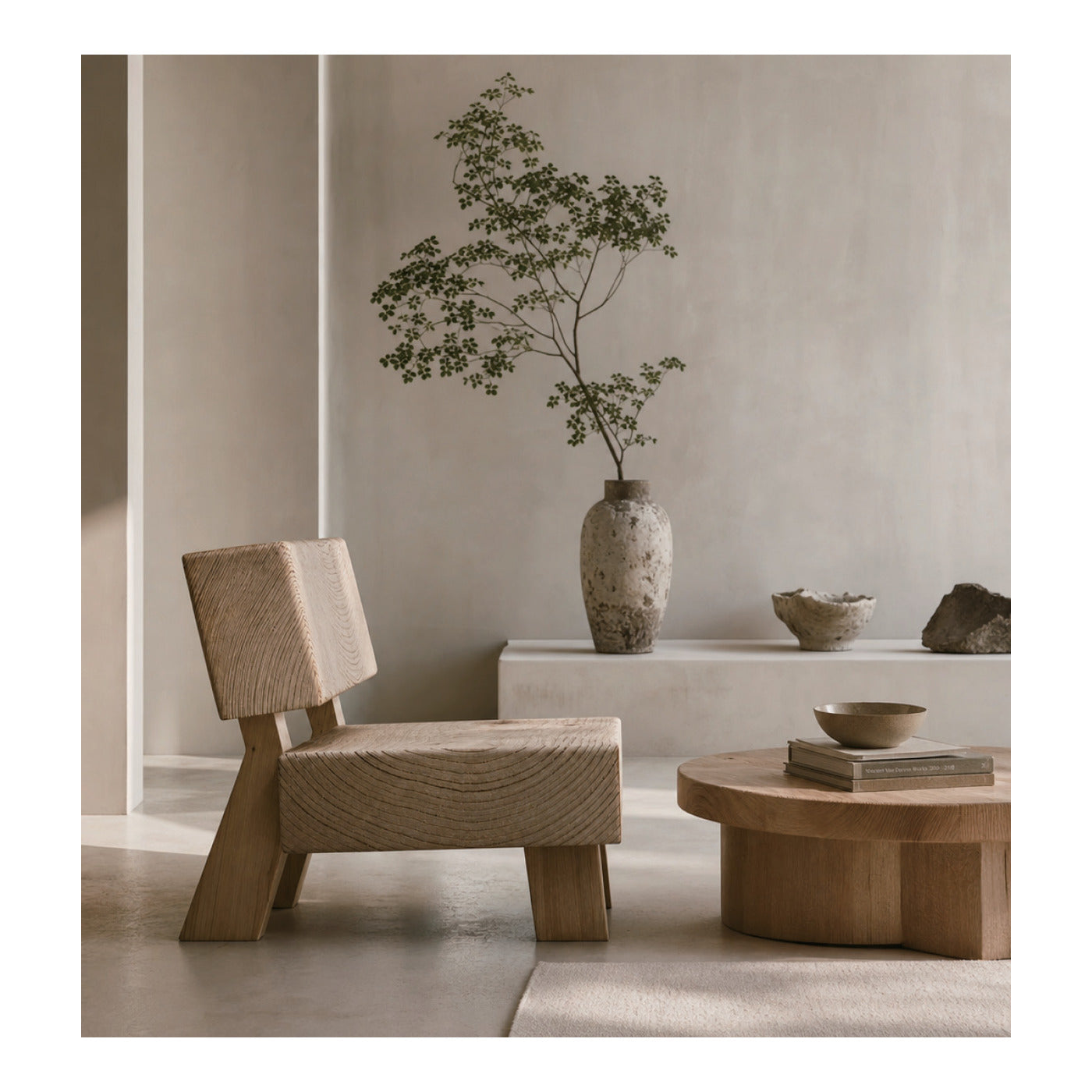 Pine Block Lounge Chair in a plaster living room
