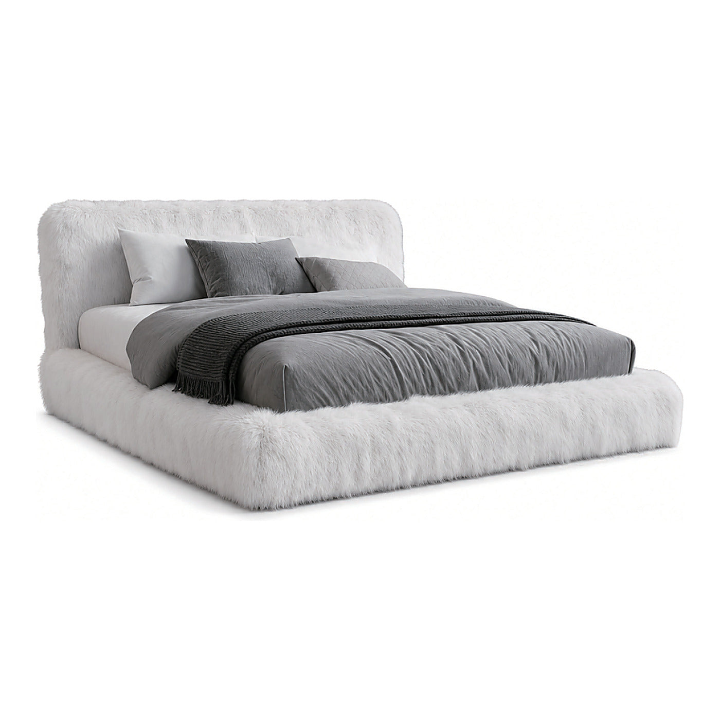 Shearling Platform Bed, 97.6" x 93.3" x 40.2", shown on white