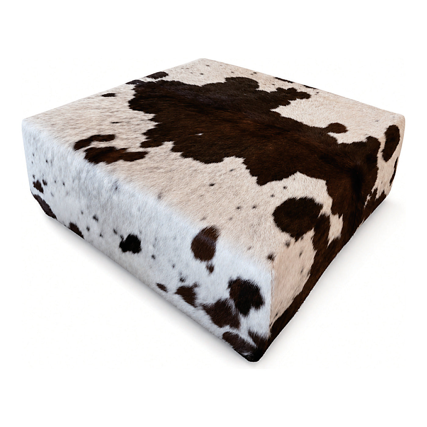 Spotted Cowhide Ottoman, 39.4" x 39.4" x 16.9", shown on white