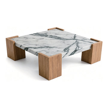 Oak and Marble Coffee Table, 39.4" x 39.4" x 12.0", shown on white