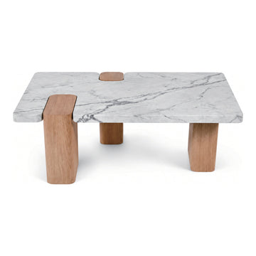 Oak and Marble Side Table, 23.6" x 39.4" x 14.2", shown on white