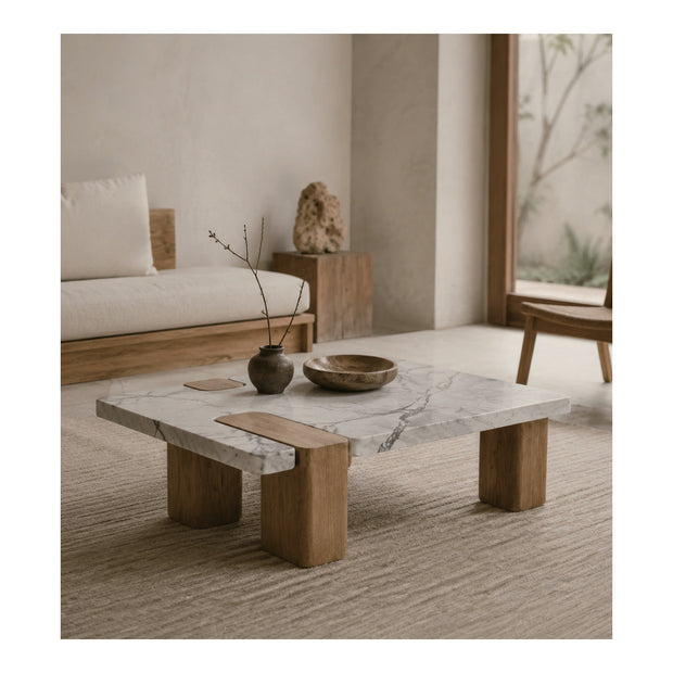 Oak and Marble Rectangular Coffee Table