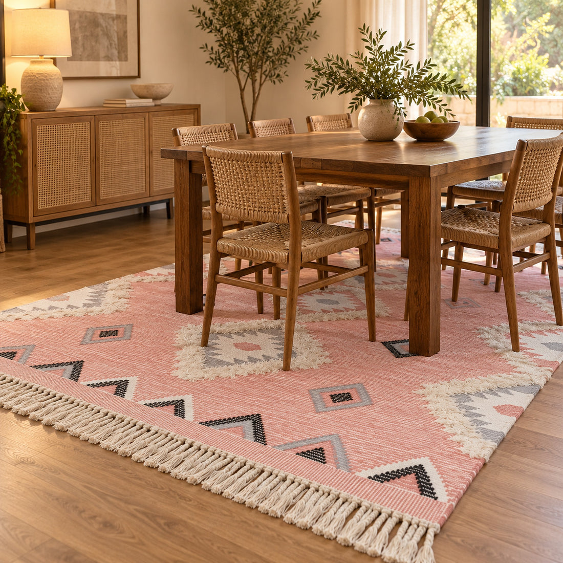Pink Hand woven Moroccan Shag Rug, full view on a white background