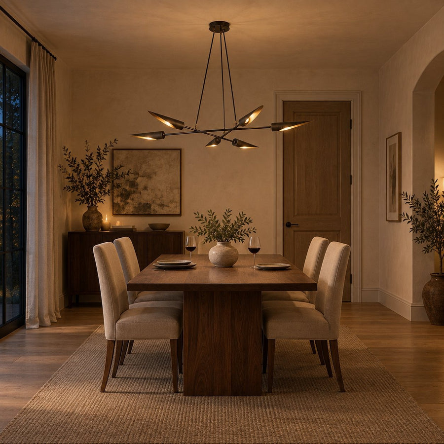 Six-Light Modern Brass Sputnik Disc Chandelier in a room