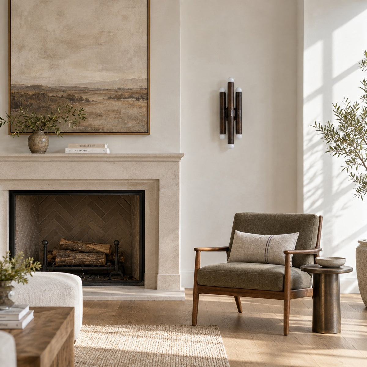 Six-Light Wall Fixture – Antique Brass in a room