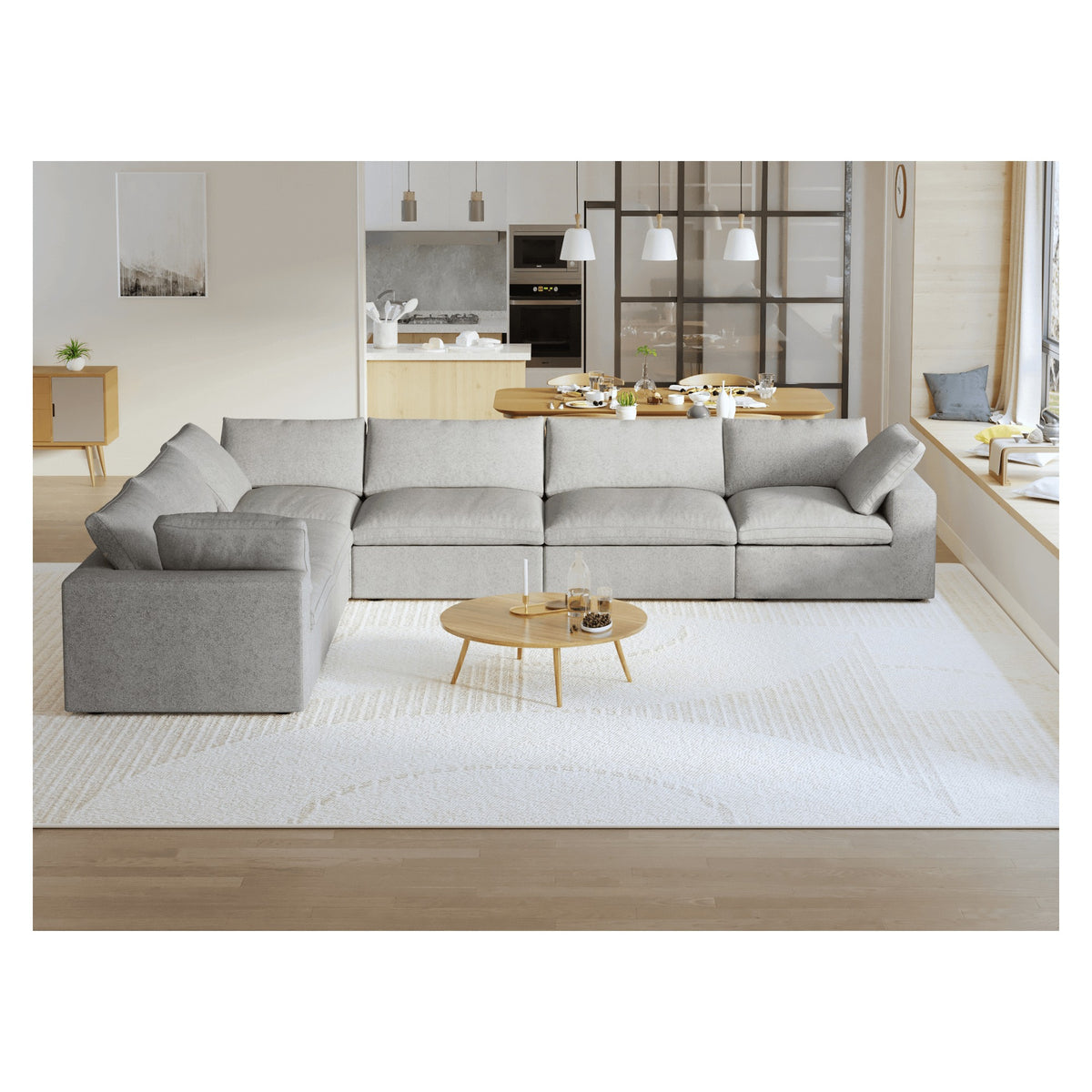 Sky Cloud Sectional Sofa, Modular Washable 160-Inch Linen Corner Sectionals 6-Seaters, Grey