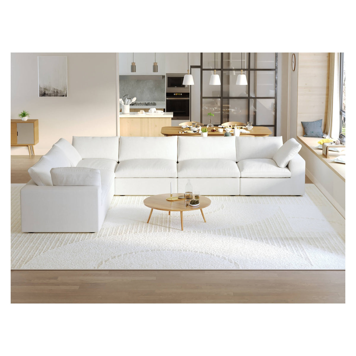 Sky Cloud Sectional Sofa, Modular Washable 160-Inch Linen Corner Sectionals 6-Seaters, White