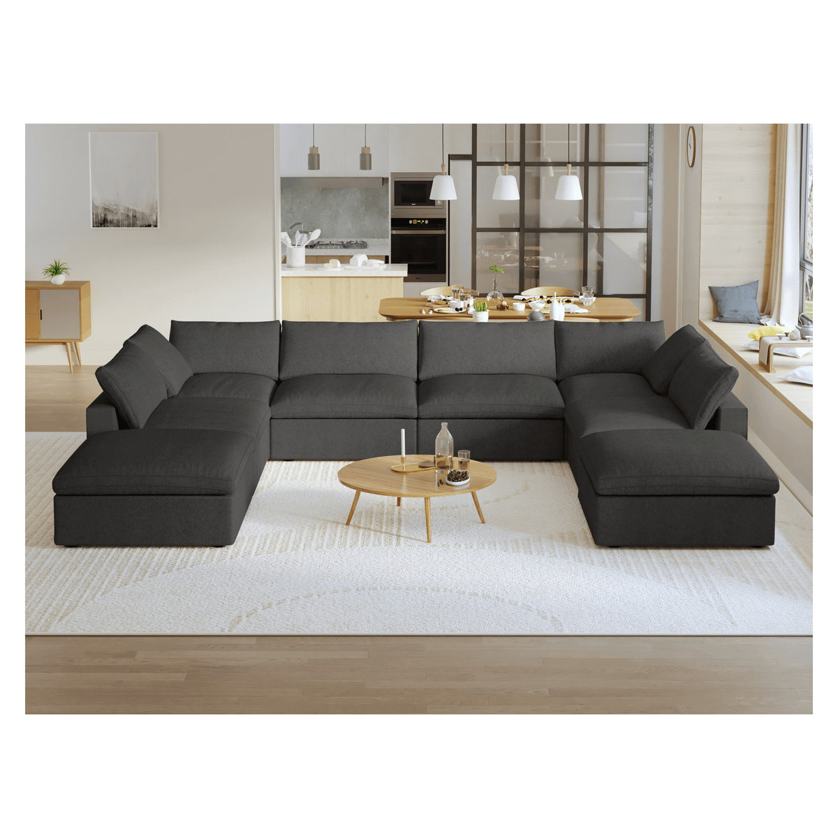 Sky Cloud Sectional Sofa, Modular Washable 160-Inch Linen U-Shaped Sectionals 8-Seaters, Black
