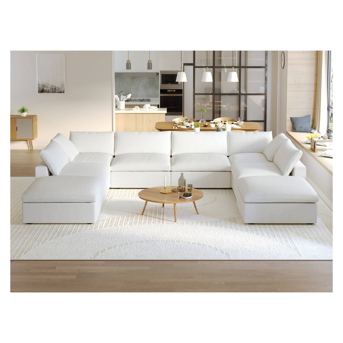 Sky Cloud Sectional Sofa, Modular Washable 160-Inch Linen U-Shaped Sectionals 8-Seaters, White