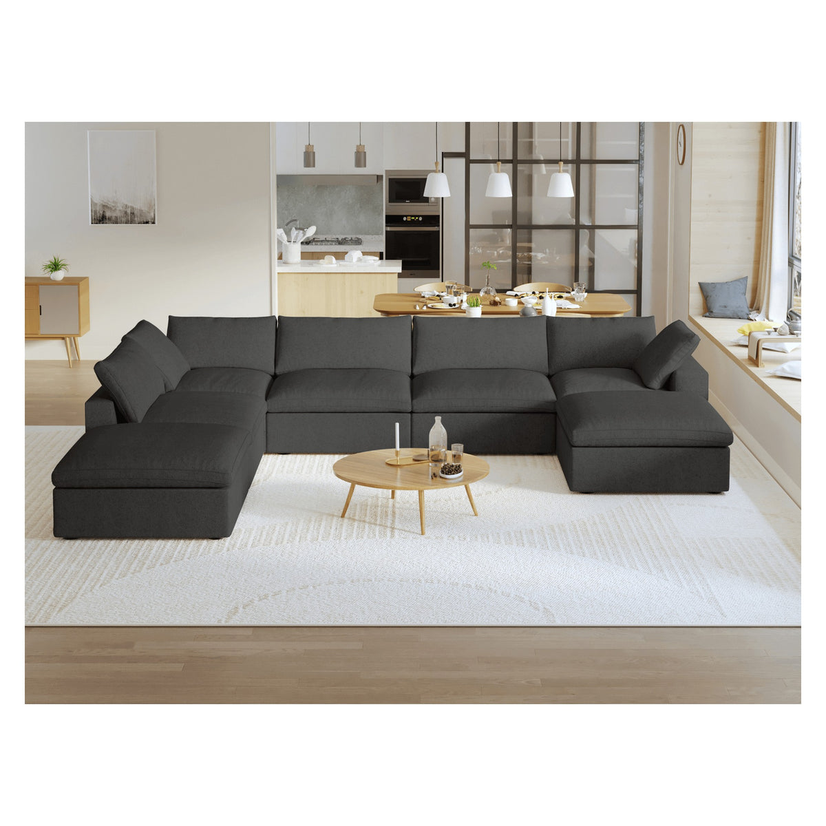 Sky Cloud Sectional Sofa, Replaceable Cover 160-Inch Linen Corner Sectionals 7-Seaters, Black