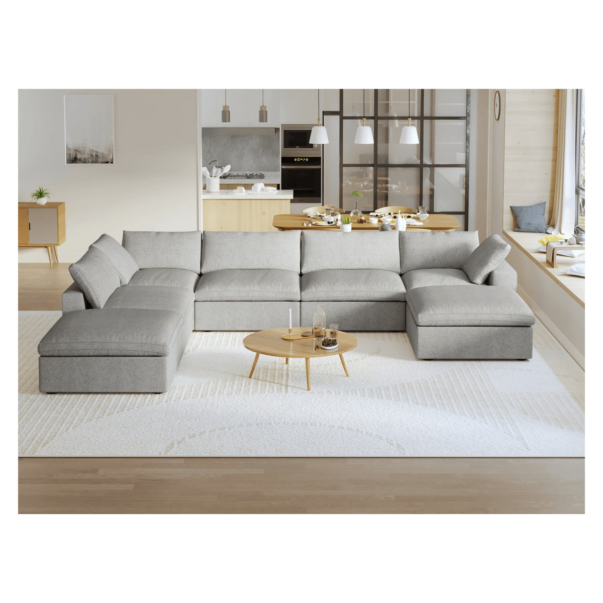 Sky Cloud Sectional Sofa, Replaceable Cover 160-Inch Linen Corner Sectionals 7-Seaters, Grey