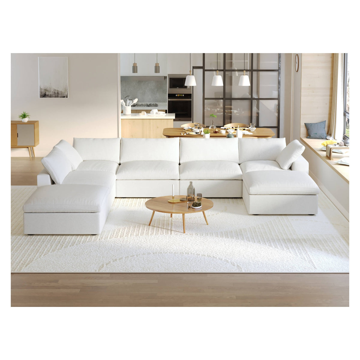 Sky Cloud Sectional Sofa, Replaceable Cover 160-Inch Linen Corner Sectionals 7-Seaters, White