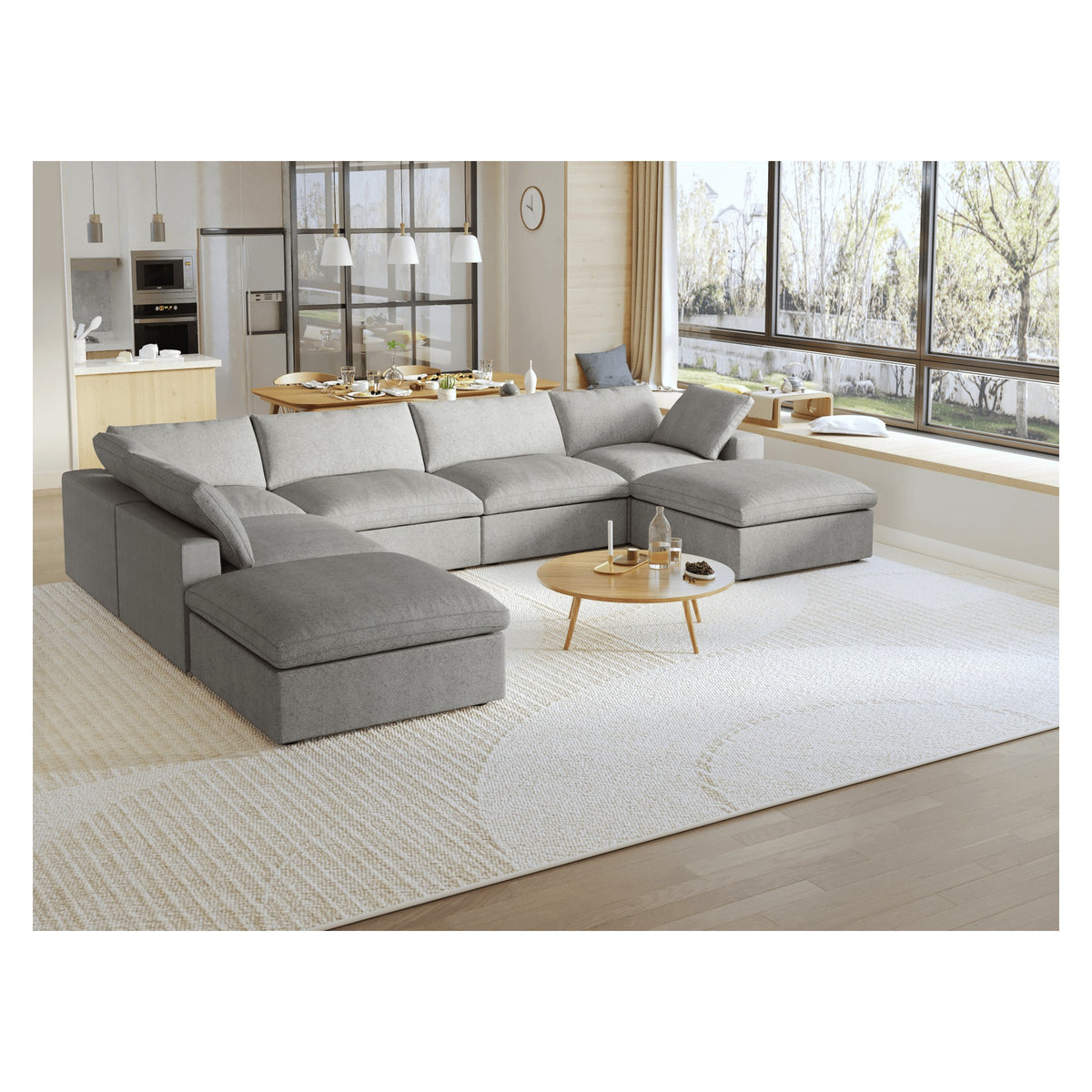 Sky Cloud Sectional Sofa, Replaceable Cover 160-Inch Linen Corner Sectionals 7-Seaters
