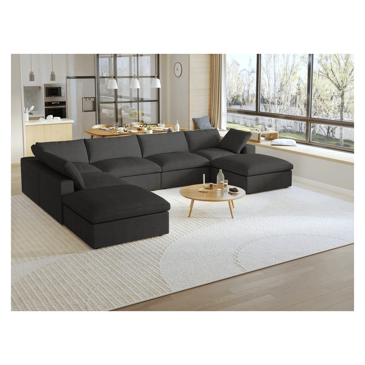 Sky Cloud Sectional Sofa, Replaceable Cover 160-Inch Linen Corner Sectionals 7-Seaters