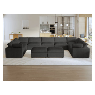 Sky Cloud Sectional Sofa, Replaceable Cover 201-Inch Linen U-Shaped Sectionals 9-Seaters, Black