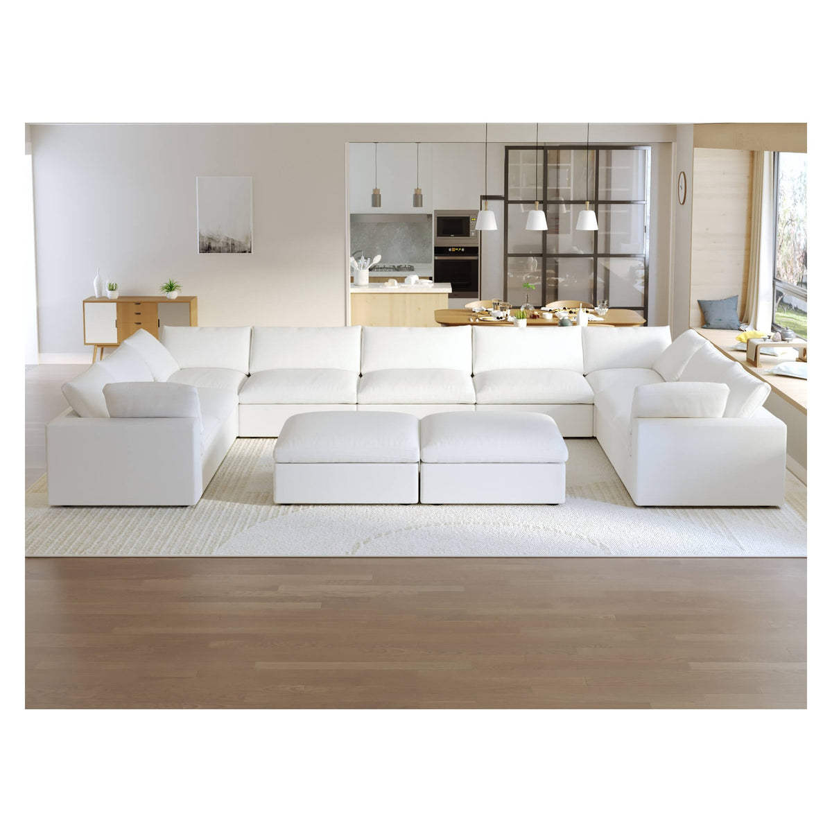 Sky Cloud Sectional Sofa, Replaceable Cover 201-Inch Linen U-Shaped Sectionals 9-Seaters, White