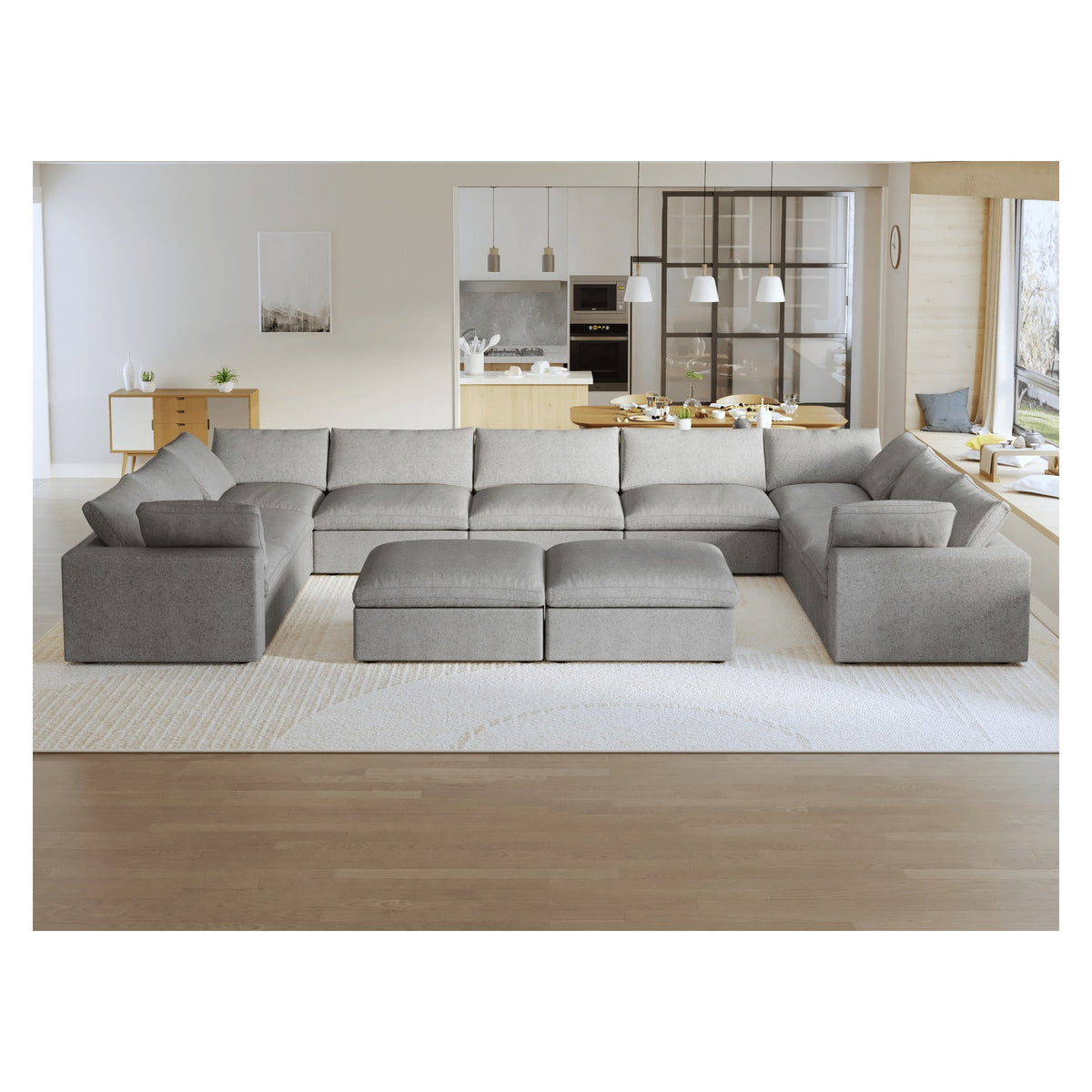 Sky Cloud Sectional Sofa, Replaceable Cover 201-Inch Linen U-Shaped Sectionals 9-Seaters