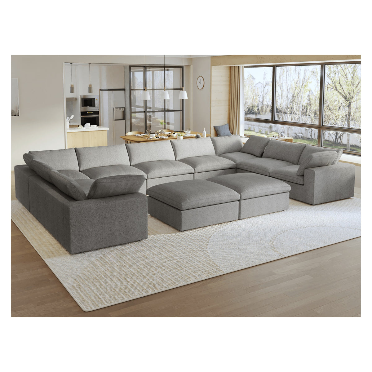 Sky Cloud Sectional Sofa, Replaceable Cover 201-Inch Linen U-Shaped Sectionals 9-Seaters