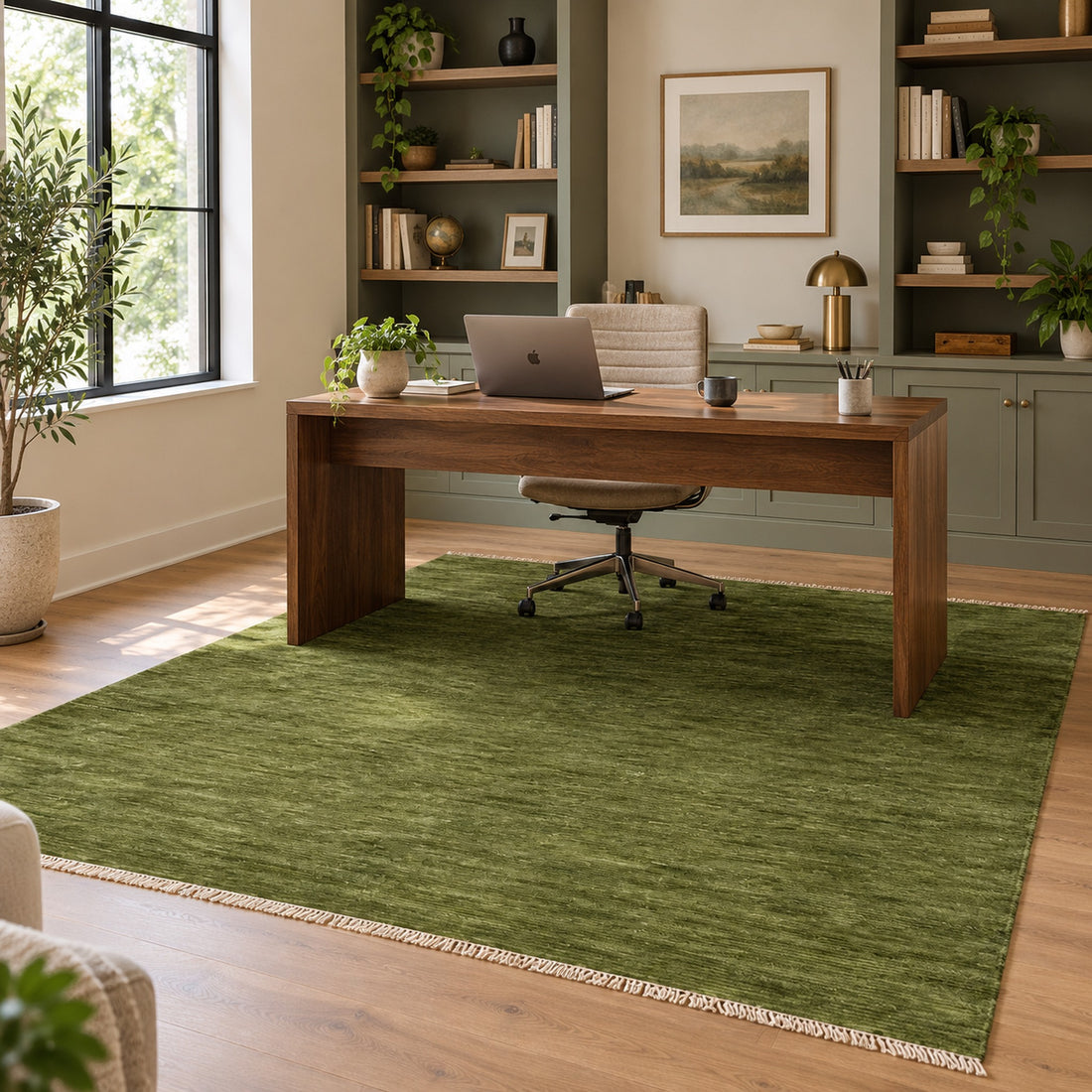Solid Green Plane Hand Knotted wool Rug, full view on a white background
