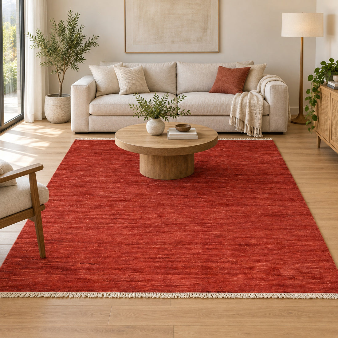 Solid Red Hand Knotted wool Rug, full view on a white background