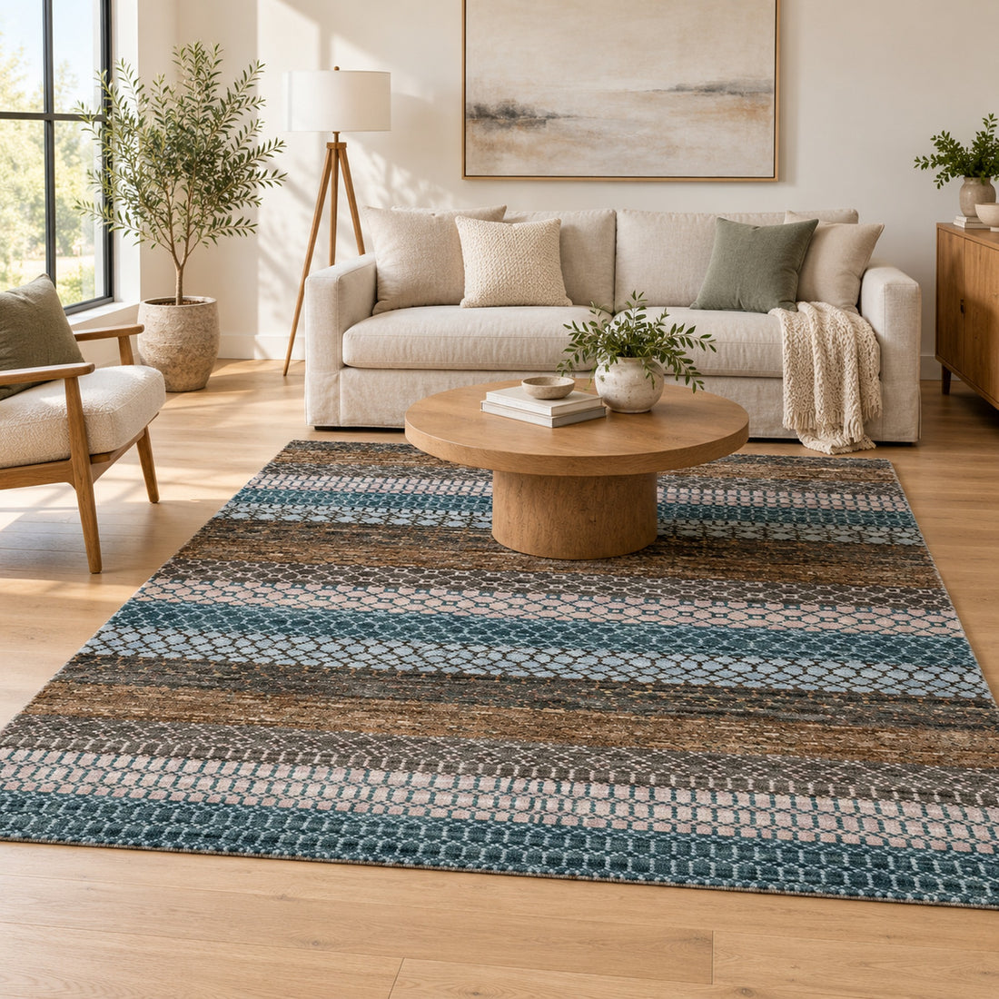 Sondrio Colorful Indo Savannah Modern Rug, full view on a white background