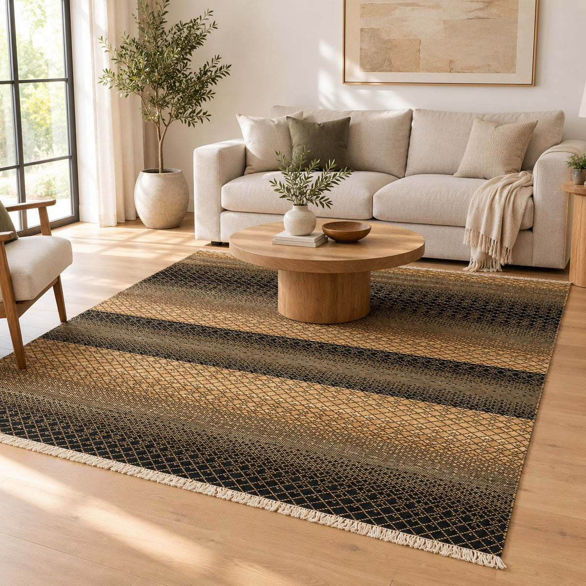Spectrum Luxury handmade Gold Rug in a living room
