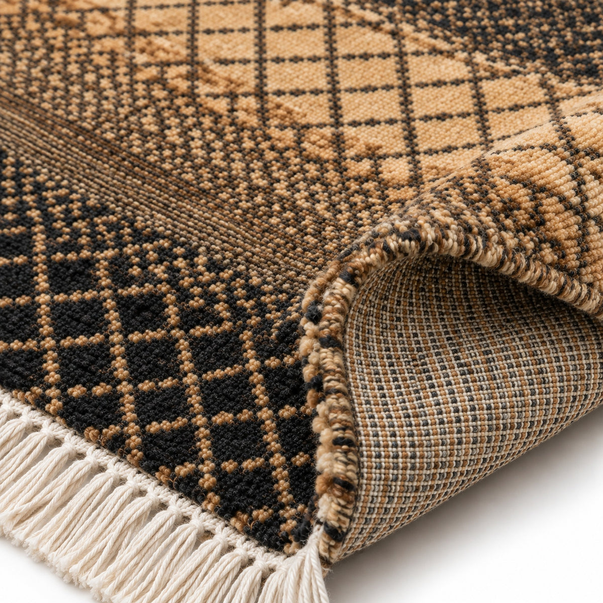 Spectrum Luxury handmade Gold Rug, folded corner showing the back