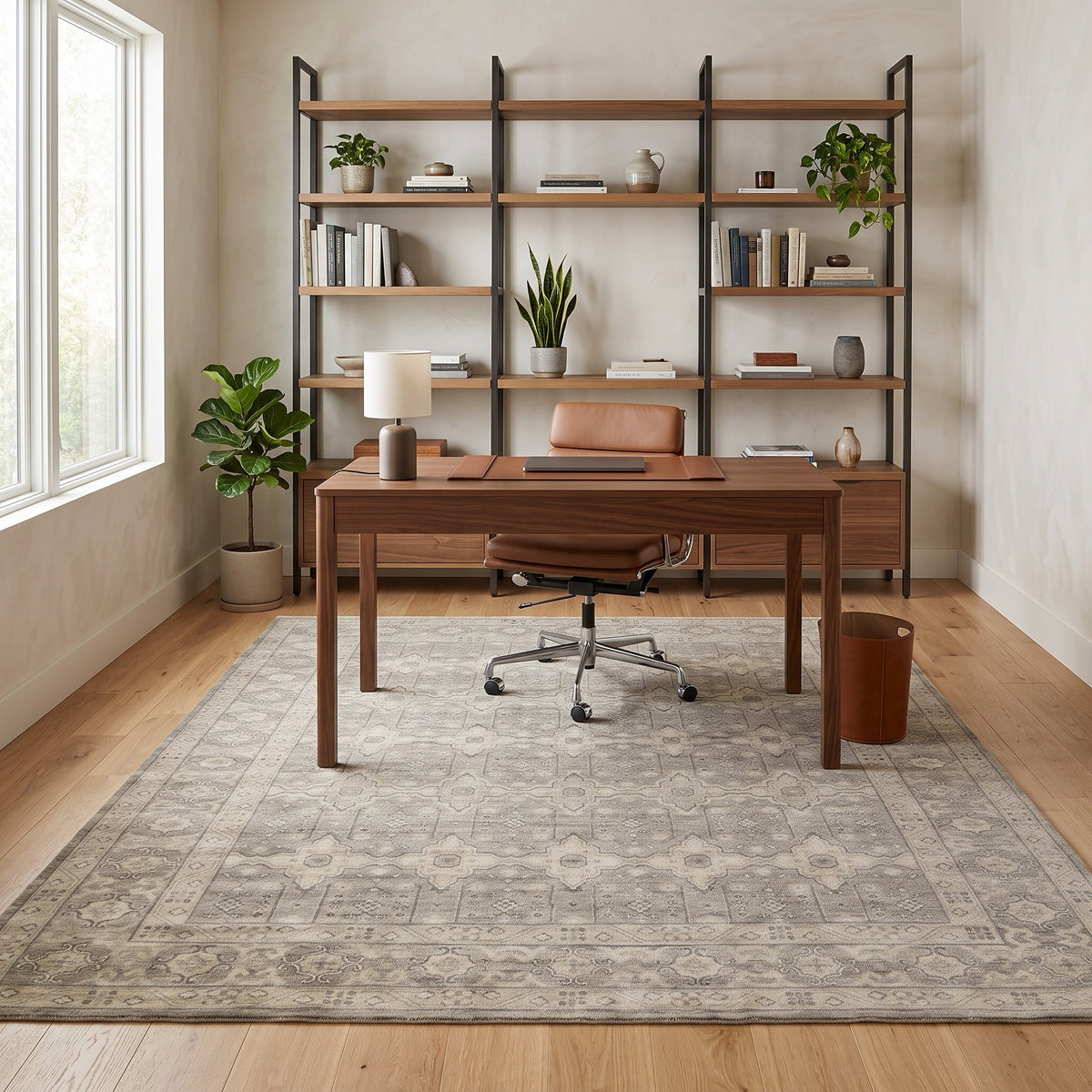 Taupe Floral Gray Trbal Turkish Muted Look Rug in a home office