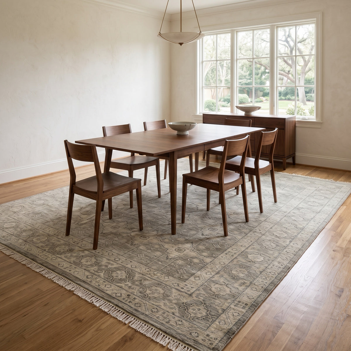 Taupe Floral Gray Trbal Turkish Muted Look Rug in a dining room