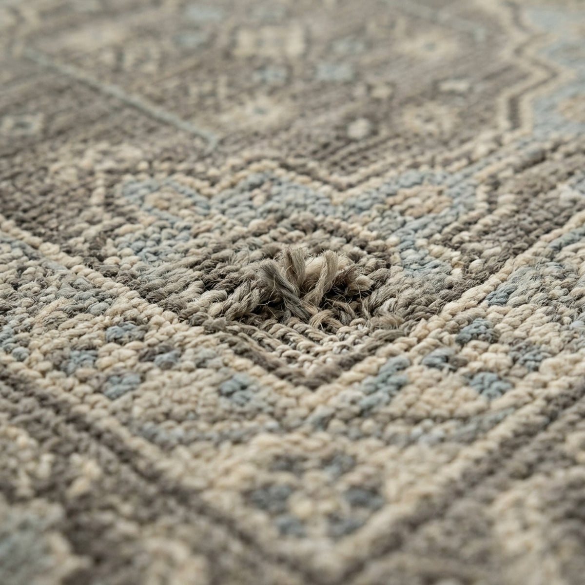 Taupe Floral Gray Trbal Turkish Muted Look Rug, close up of the texture