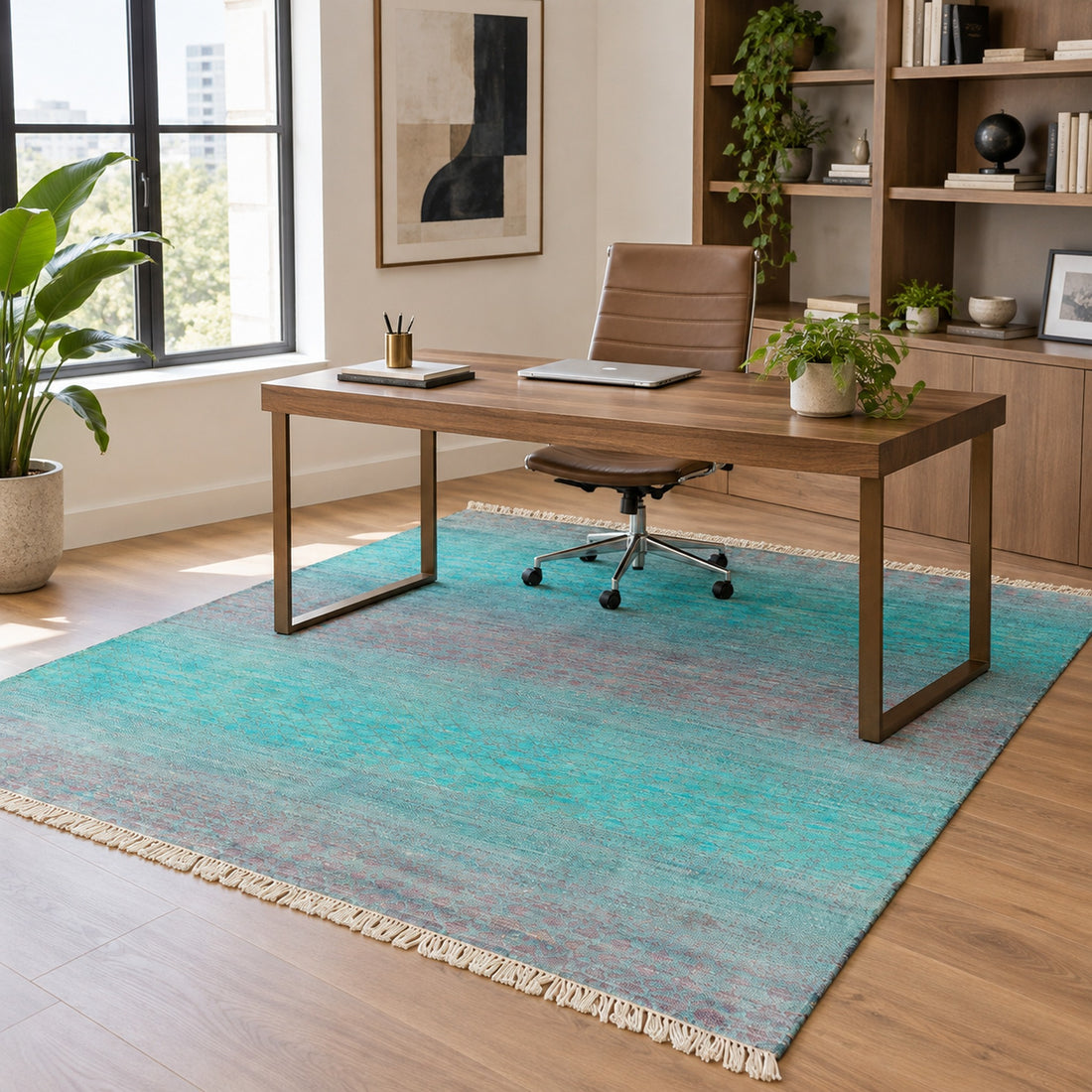 Turquoise Blue Gabbech Area Rug, full view on a white background