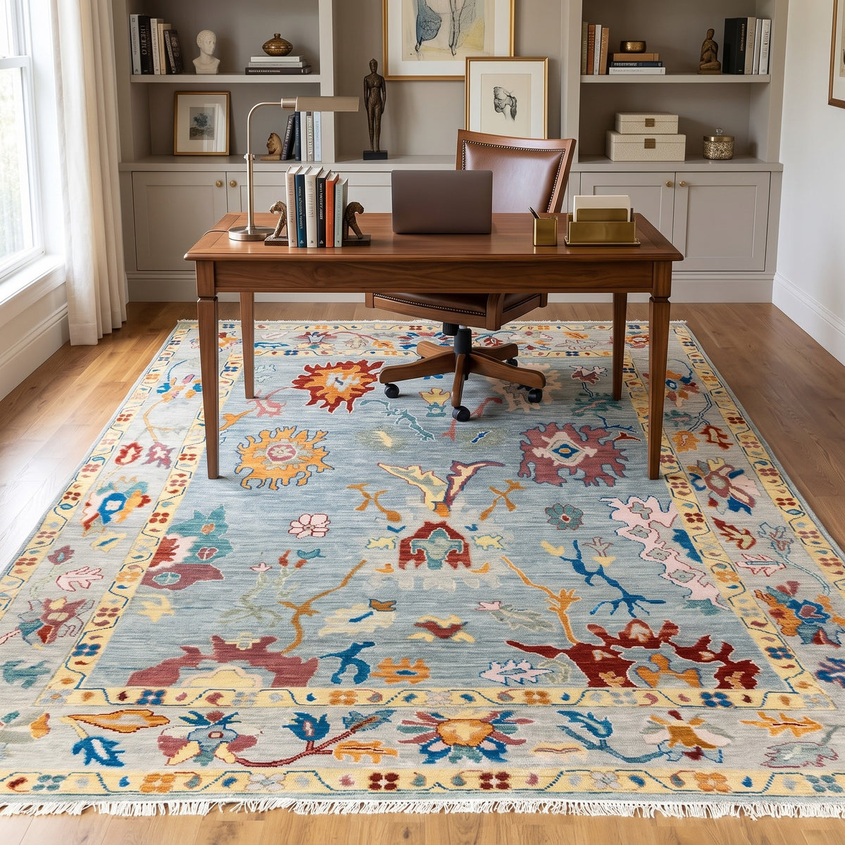 Unique Hand-Knotted Oushak Rug in a home office