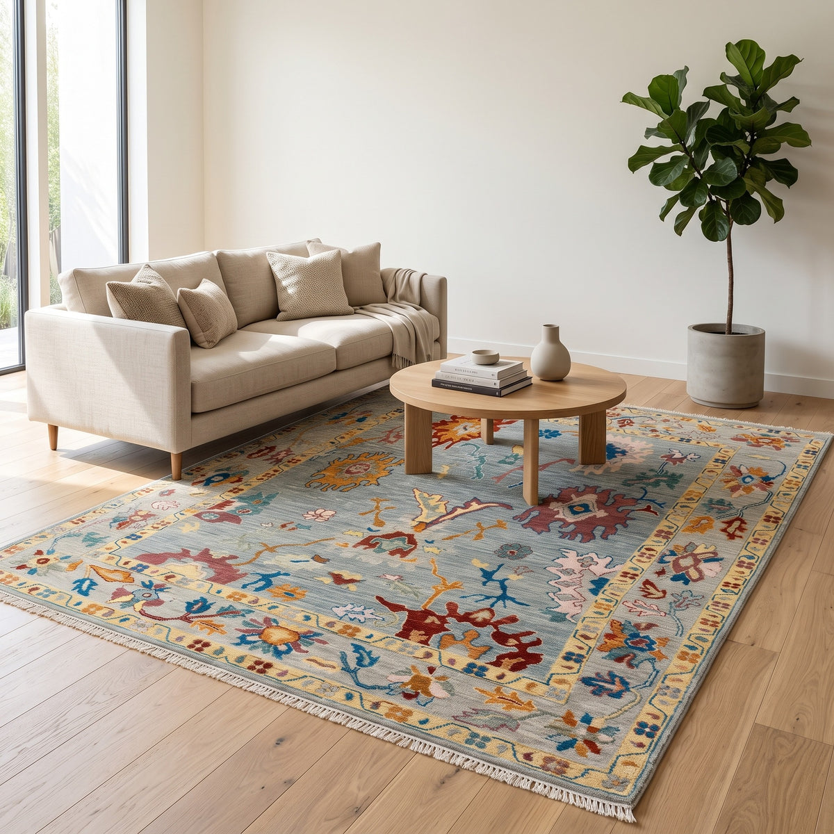 Unique Hand-Knotted Oushak Rug in a living room