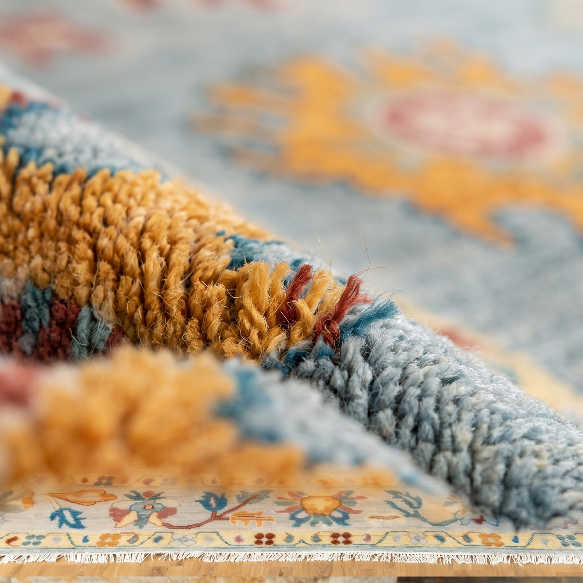 Unique Hand-Knotted Oushak Rug, close up of the texture