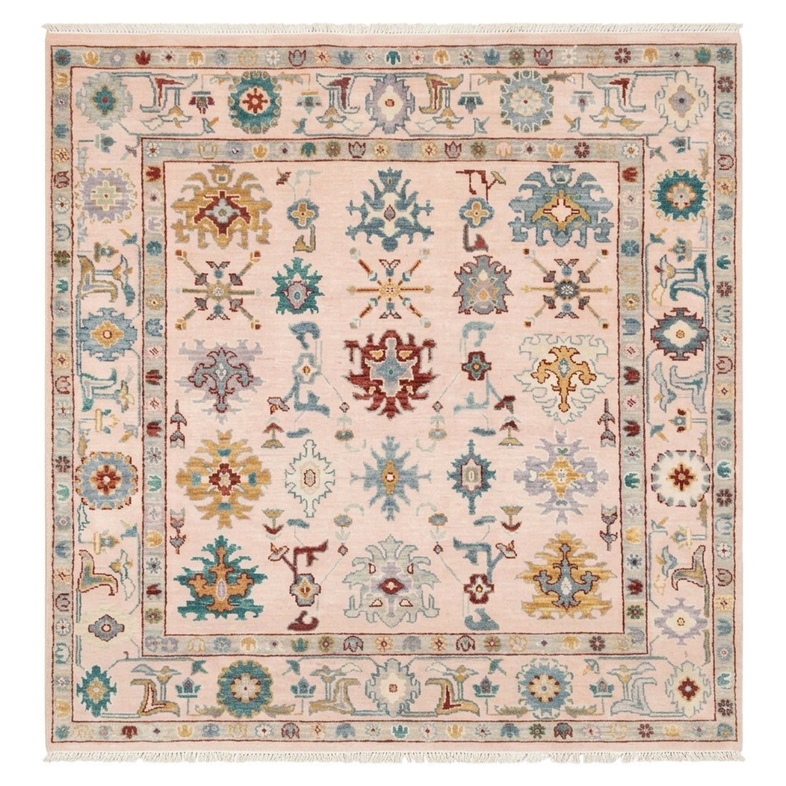 Unique Hand-Knotted Oushak Rug, full view on a white background