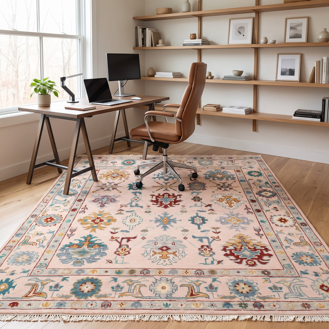 Unique Hand-Knotted Oushak Rug, full view on a white background