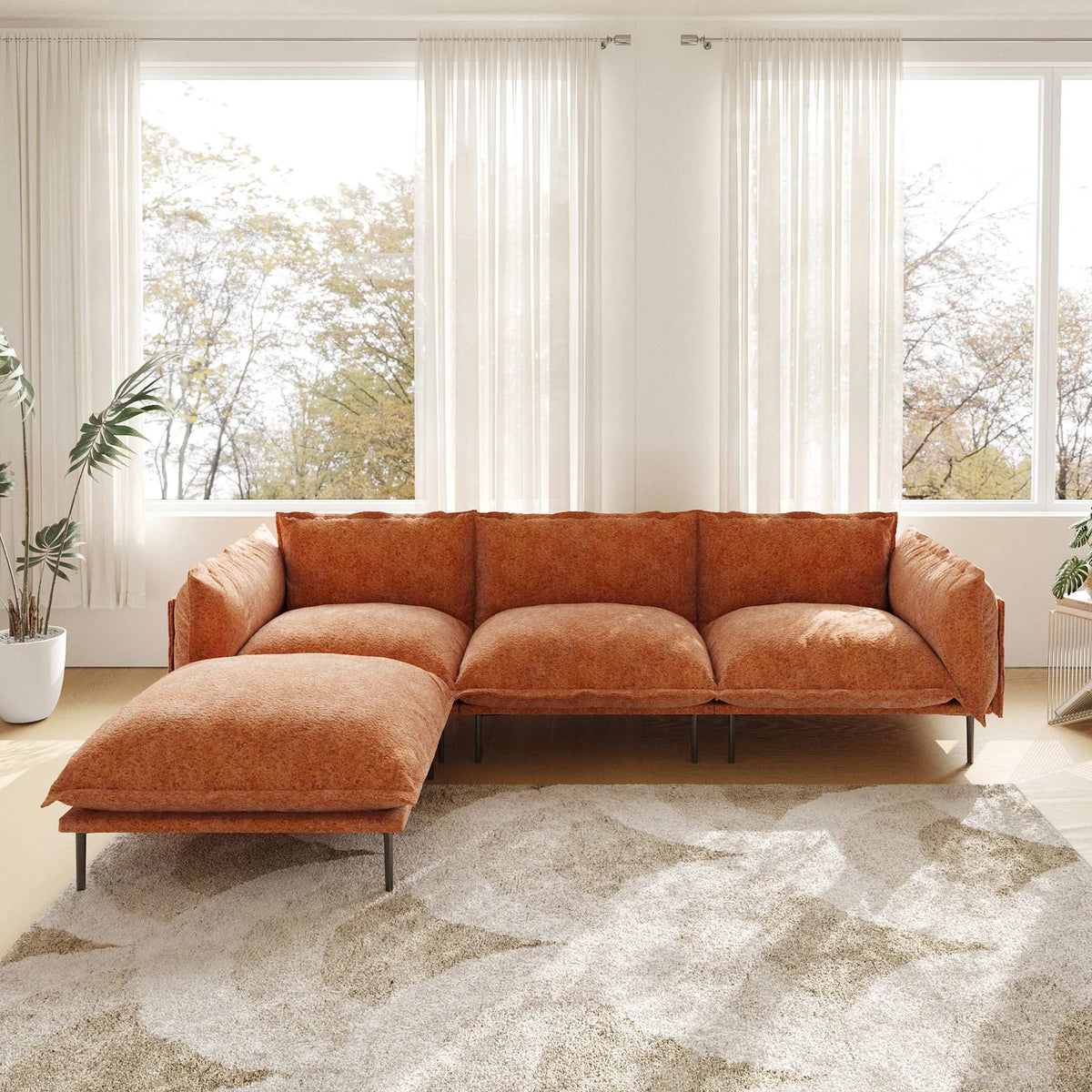 Urban Ark Modular Sofa, 3-Seater Chaise L-shaped Couch Cloud Velvet, Orange