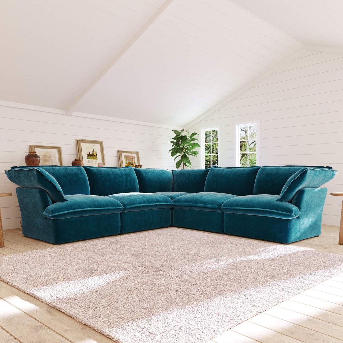 Sky Plus Velvet Cloud Sofa, Washable Cover 122-Inch Velvet Corner Sectionals 5-Seaters, Turquoise