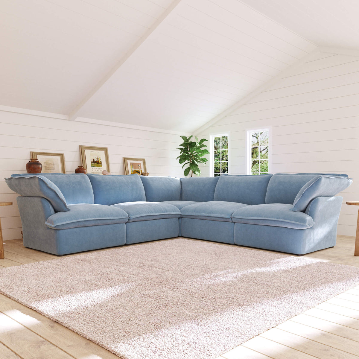 Sky Plus Velvet Cloud Sofa, Washable Cover 122-Inch Velvet Corner Sectionals 5-Seaters, Light Blue