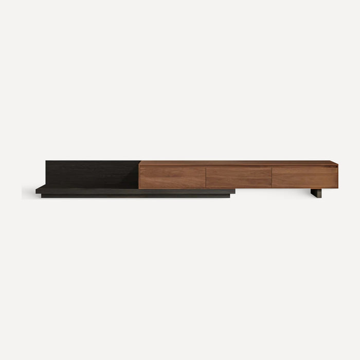 Walnut Three Drawer Extendable TV Console 79in, front view