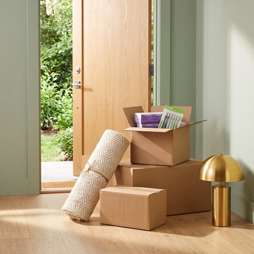 Delivery boxes with Zornits tissues and toothbrushes, a rolled cream rug and a brass lamp inside a sunny front door