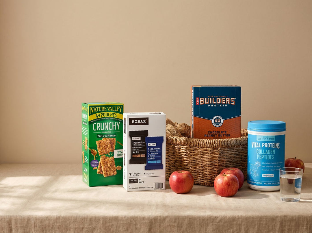 Nature Valley, RXBAR, Clif Builders and Vital Proteins on a kitchen counter