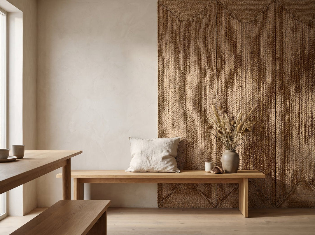 Woven rope wall panels behind an oak bench