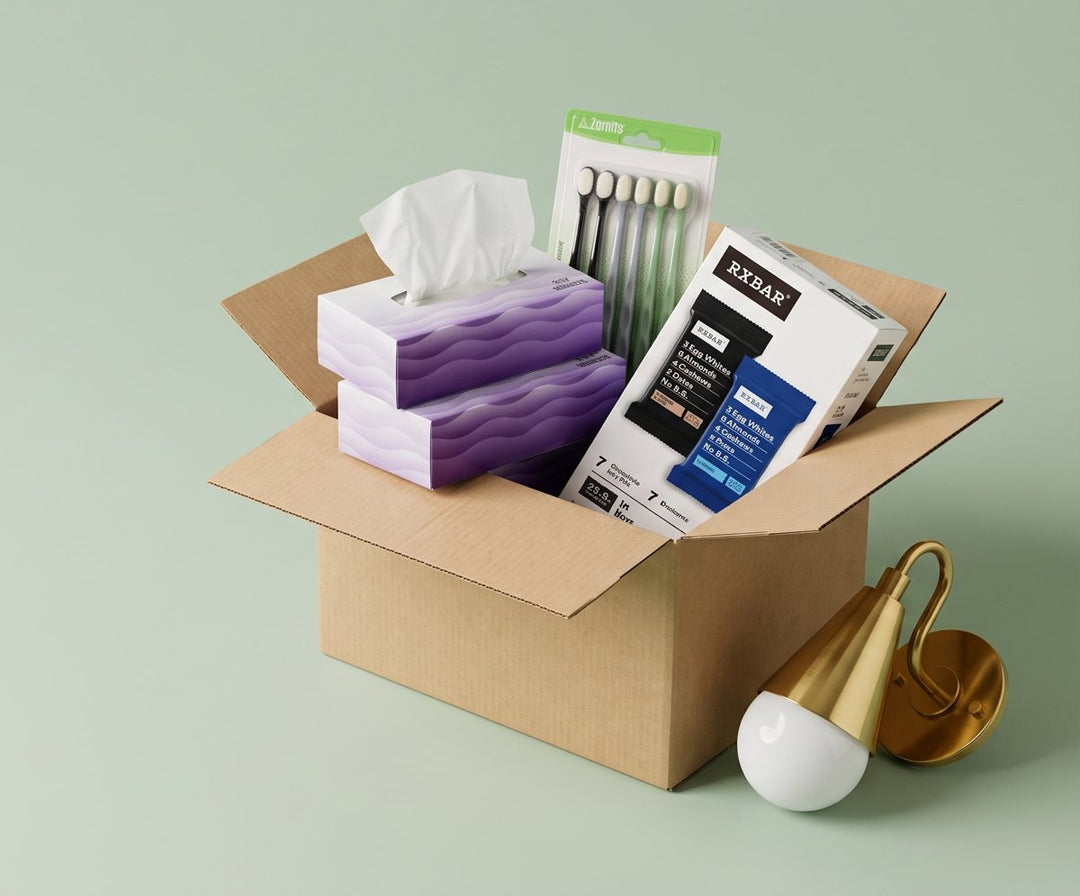 Delivery box with Zornits tissues, toothbrushes and RXBAR
