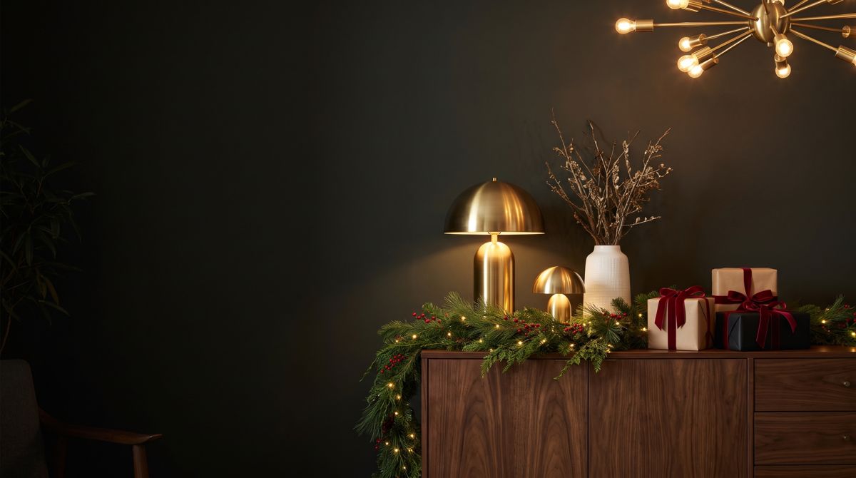 Brass dome table lamps on a walnut sideboard with a pine garland and wrapped gifts